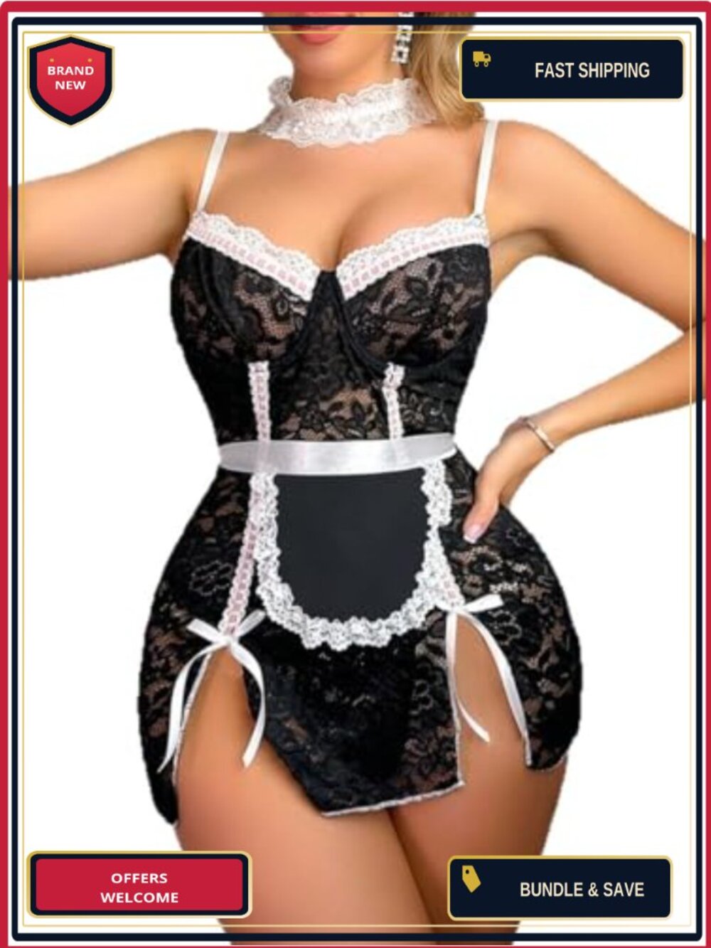 Sheer Mesh Babydoll Lingerie Set with Apron, Neckband, Thigh Highs